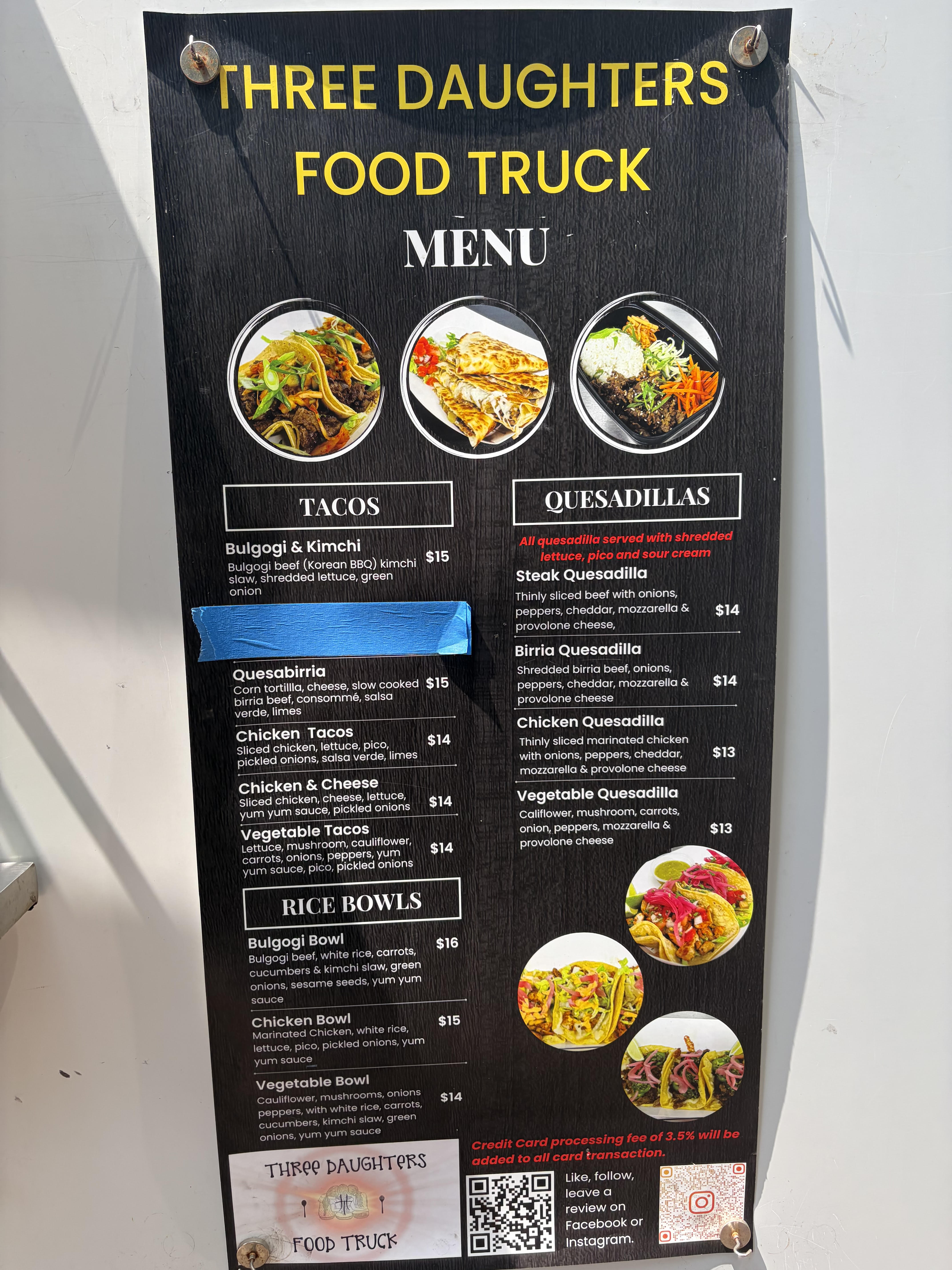 Three Daughters Food Truck menu board — bulgogi tacos, quesadillas and rice bowls
